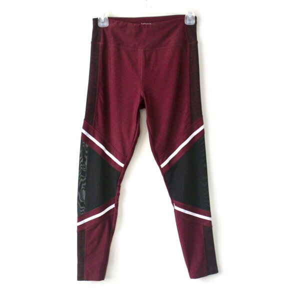 VOGO Cherry Burgundy Red Athletic Leggings Black Sheer Panel Pocket Small - Picture 1 of 7